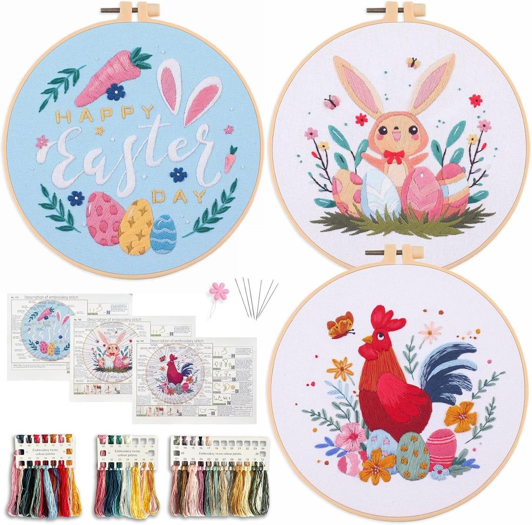 Myfelicity Easter Embroidery Kit for Beginners – 3 Unique Spring Designs (Rabbit, Rooster & Easter Egg), Soft Floss, Hoops & Step-by-Step Guide – Stress Relief Craft Gift for Her, Kids & Craft Lovers