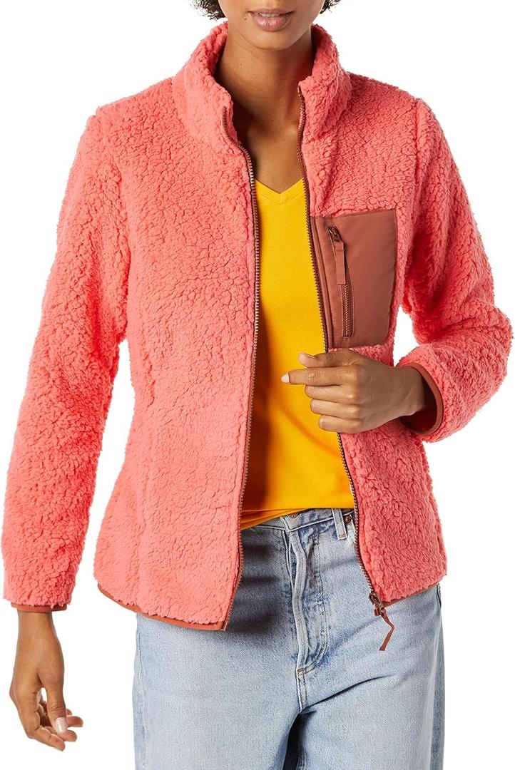 Amazon Essentials Women's Sherpa Long-Sleeve Mock Neck Full-Zip Jacket with Woven Trim (Also in Plus Size) (XXL, Brown Coral Pink Color Block)