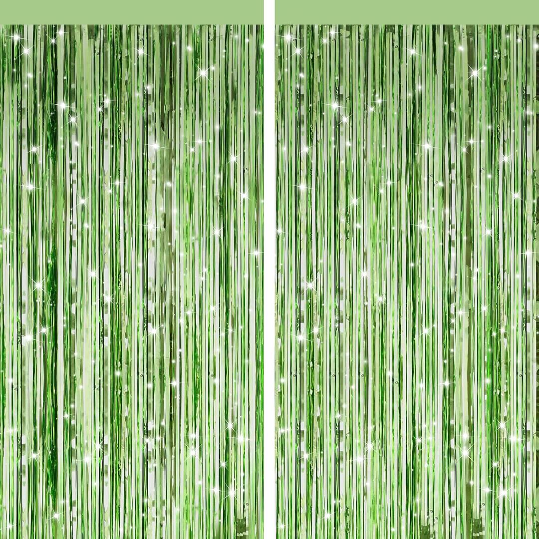 2 Pack Light Green Metallic Tinsel Foil Fringe Curtains, Door Streamers Photo Booth Backdrop for Birthday Party, Tinsel Curtain Backdrop for Baby Shower Bachelorette Christmas Party Decorations