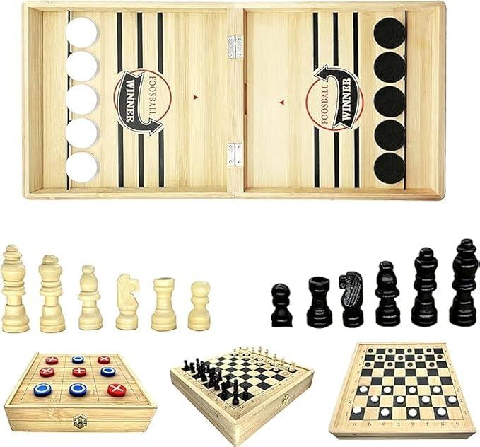 4in1 Sling Puck Game Set Super Winner Sling Puck Set, Chess, Checkers, Tic Tac Toe Games, Portable Folding Tabletop Chess Board Game for Adults and Kids