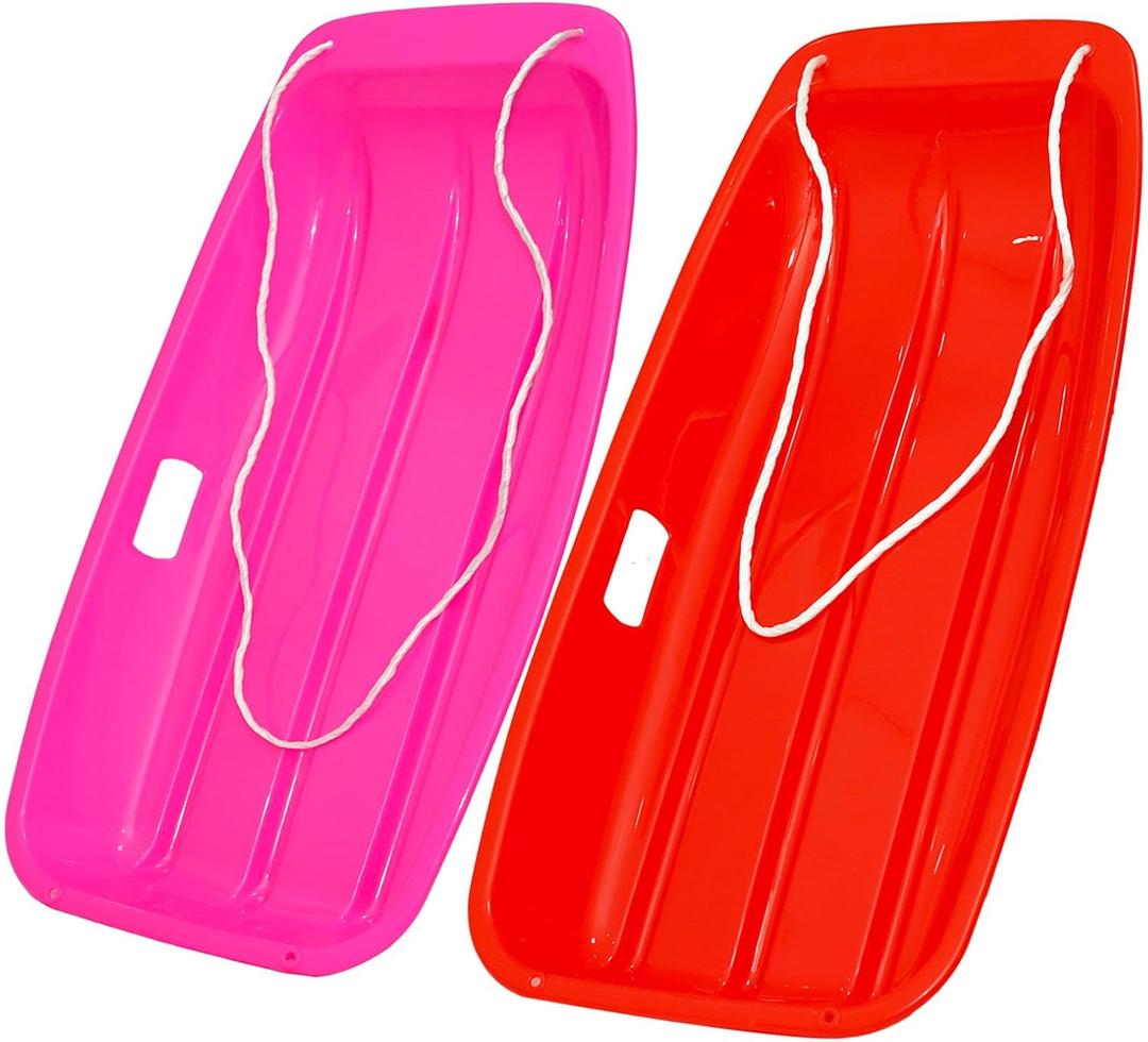 Toboggan Snow Sled for Adult and Kids-Durable Cold Resistant Flexible Design, Fits 1-2 Riders with Pull Rope & Handles for Winter Outdoor Sports-35 Inch (Red-Pink)