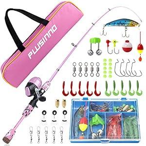 PLUSINNO Kids Fishing Pole with Spincast Reel Telescopic Fishing Rod Combo Full Kits for Boys, Girls, and Adults (Pink, 120cm 47.24In)