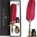 VANGOAL Vintage Carving Feather Pen Set, Glittering Quill Pen Set Antique Calligraphy Writing Dip Pen with Ink, 2 Replacement Nibs, Pen Stand Base, Luxury Vintage Signature Pen (Red)