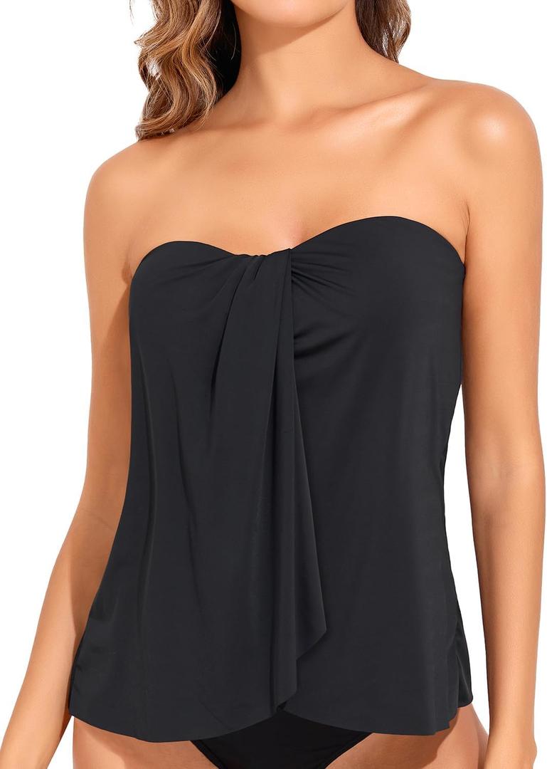 Tempt Me Bandeau Tankini Tops for Women Strapless Bathing Suit Top Halter Flyaway Swimsuit Top Only (Black, Size M)