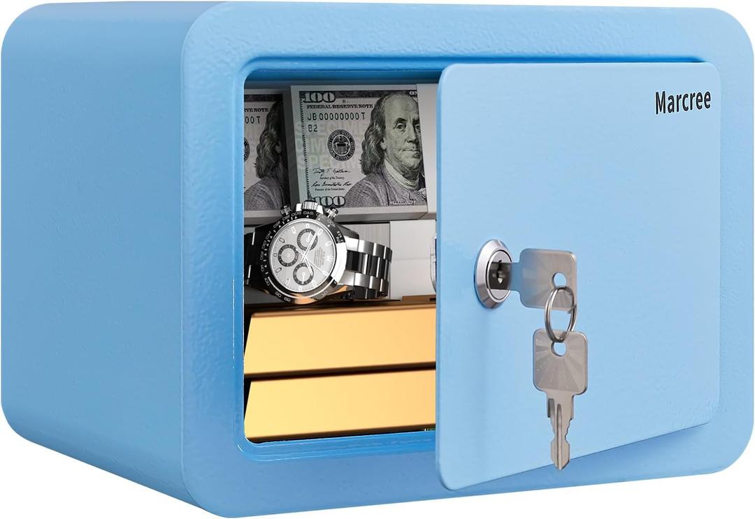 Marcree Mini Safe Box, 0.23 Cub Home Safes for Kids, Steel Money Box with Key Lock, Small Safes for Money Cash Valueables, Stylish Security Safe for Gifts, 6.69 x 9.06 x 6.69 Inches, Blue