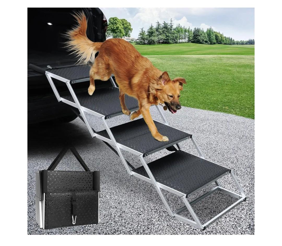 DGSL Dog Ramp for Car, 4-Step Folding Dog Stairs, Aluminum, Black, Supports Up to 250 Lbs