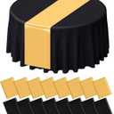 16Pcs Round Plastic Tablecloth and Satin Table Runner Set 84 Inch Round Covers 12 x 108 Inch Table Runners for Christmas Wedding Birthday Party Baby (Black)