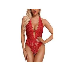 Aranmei Women Sexy Lingerie Bodysuit V Neck Sheer Lace Mesh One Piece Babydoll Lingerie Romper S
