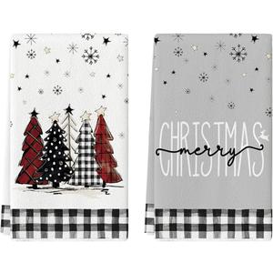 Artoid Mode Buffalo Plaid Merry Christmas Kitchen Towels Dish Towels, 18x26 Inch Winter Xmas Trees Star Decoration Hand Towels Set of 2 (Black/Beige)