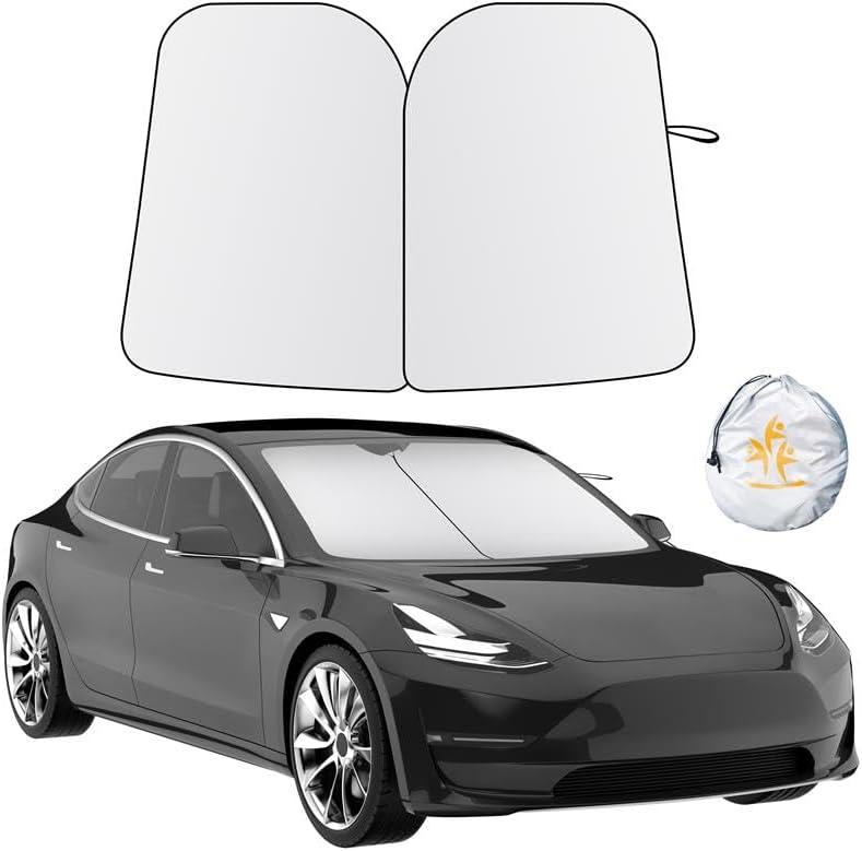EcoNour Tesla Windshield Sun Shade | Foldable Front Windshield Shade for Sun, Heat and UV Rays | Car Front Window Sunshade | Sun Protection Shade Fit for Tesla Model-3 & Model-Y (X-Large)