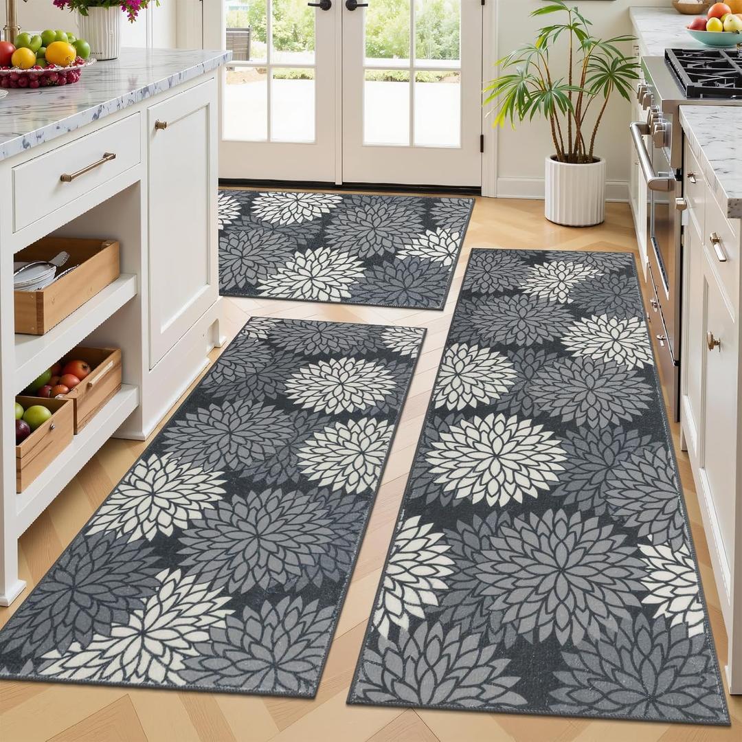 Ileading Boho Kitchen Rugs Sets 3 Piece with Runner Floral Kitchen Floor Mat Carpet Farmhouse Kitchen Rugs and Mats Non Skid Washable Runner Rug for Kitchen Floor Office Sink Laundry, Black (20"x32"+20"x48"+20"x59")