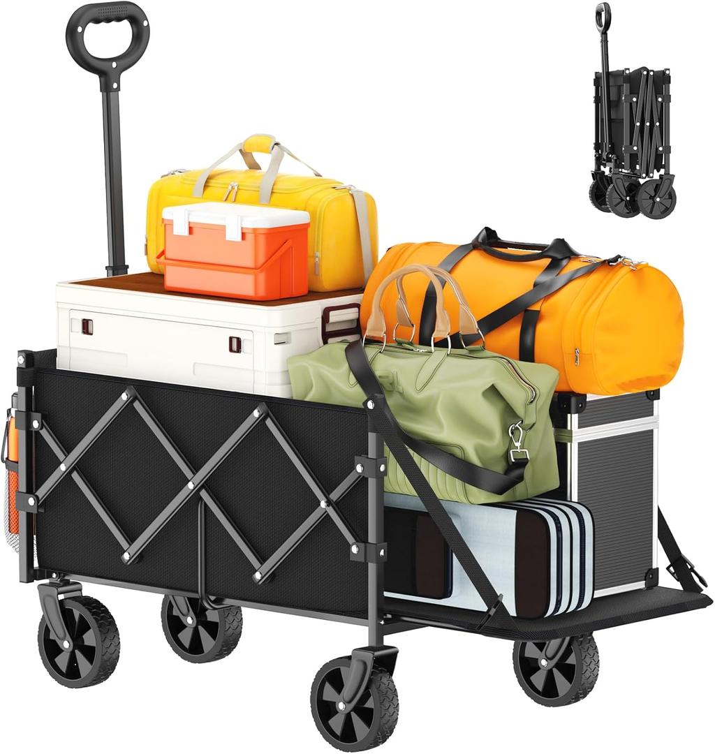 Foldable Wagon with Extended Tailgate: Collapsible Large Capacity Folding Wagon - Heavy Duty Utility Carts for Shopping,Garden,Sports,Groceries,Apartment,Camping,Outdoor - Black (120L)