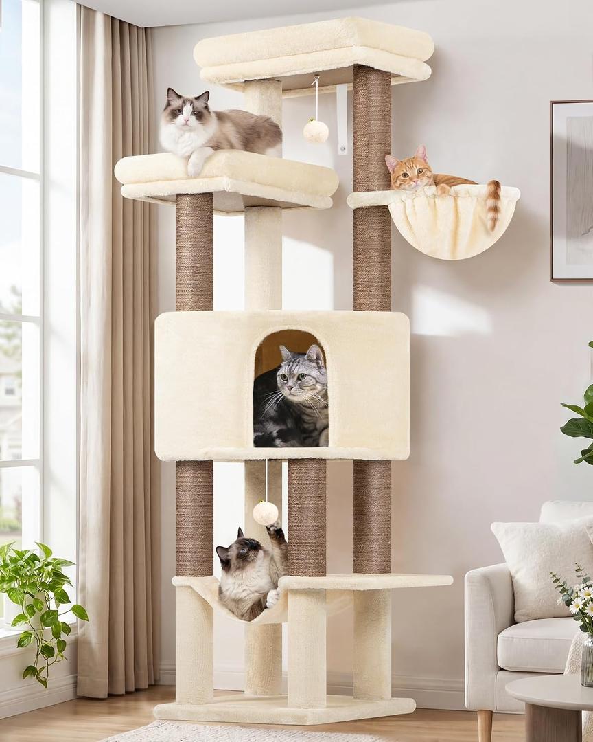 Globlazer Tall Cat Tree Tower for Large Adult Cats, Multi-Level Large 65 Inch Cat Scratching Tower with Hammock, 6 Scratching Posts, Basket and 2 Perches for Indoor Multiple Cats, F65D, Beige