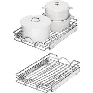 StorageWorks Pull Out Cabinet Organizer, Slide Drawers for Kitchen Cabinets, Bathroom Pantry, Bottom Mount, Chrome-Plated, 14" Lx 21" W x 3.7" H, Silver, 2 Pack