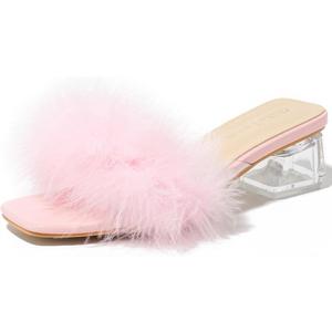 Women's Square Toe Heeled Sandals Low Block Chunky Heels Clear Mules Fluffy Feather Slip on Wedding Bridal Party Dress Shoes, Size 37