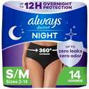 Always Discreet Adult Incontinence Overnight Underwear for Women, Small/Medium, Up to 100% Bladder Leak Protection, 14 Count