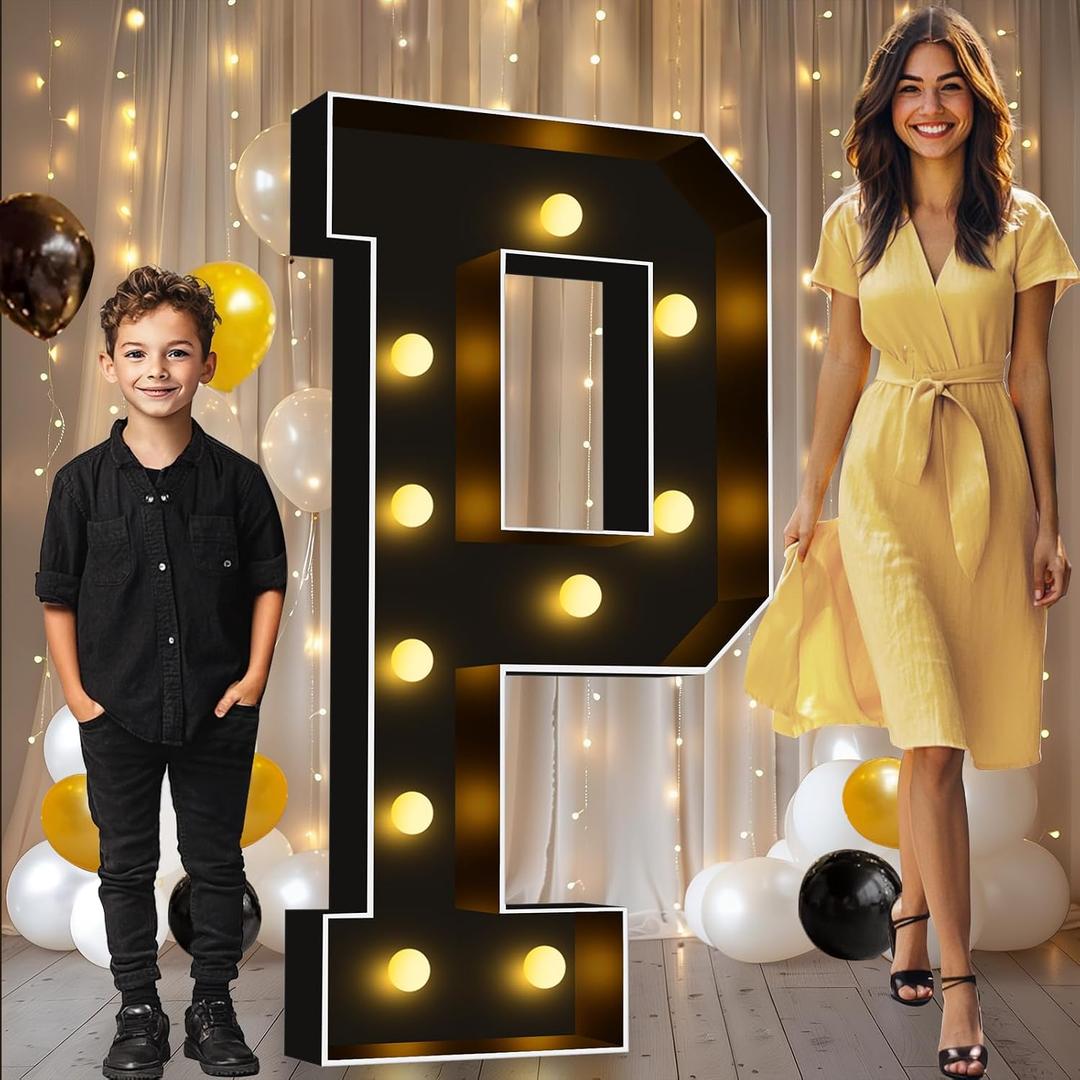Pooqla 4FT Marquee Light Up Letters, Black Large Letter P Party Decorations | LED Marquee Letters 4 Feet Tall, Black Giant Mosaic Letters Gift for Boys Men Birthday Anniversary Wedding Decoration