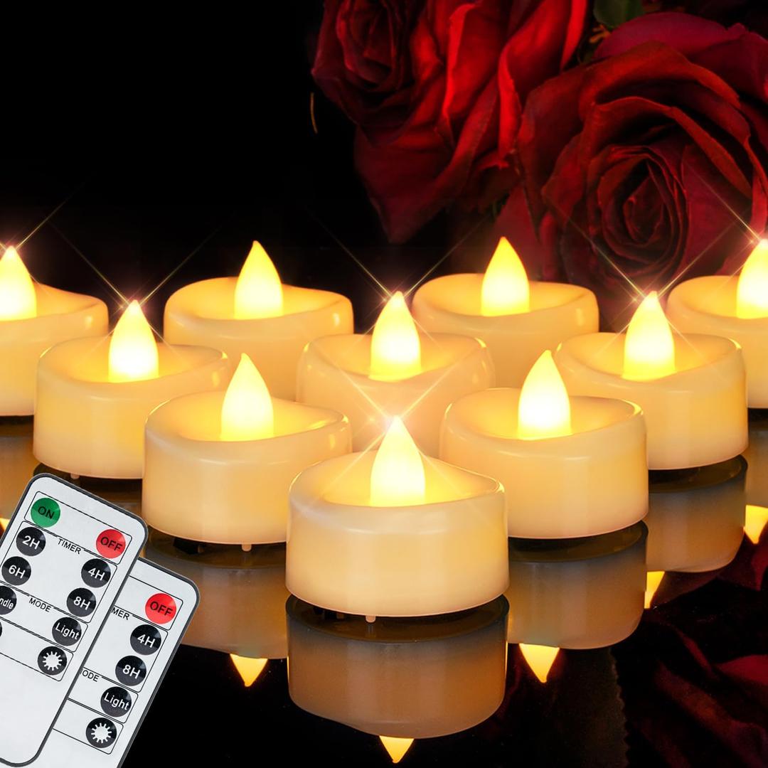 Remote Candles, 24 Pack Flameless Tea Lights Candle Battery Operated, 400+Hours LED Tea Lights with Remote, Timer Battery Votive Candle for Holidays Wedding Home (Warm White, Ivory Shell)