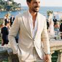 Retro Beige Linen Mens Suit Notched Lapel Slim Fit Cream Wedding Suits for Men 3 Pieces Light Weight Jacket Blazer Homecoming (Beige, M)