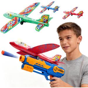 JOYIN LED Foam Glider Airplane Launcher Set, Included Light-Up Flying Planes and Handheld Launcher, Long Distance Outdoor Flying Game for Teens & Adults (14+)