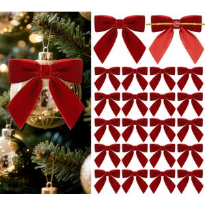 30 Pcs Velvet Bows for Christmas Tree, Pre-Tied Christmas Bows with Twist Ties & Adhesive Dots Vintage Xmas Decor for Garland Wreath Gift Packaging(3 x 3 Inch, Width of 1",Red)