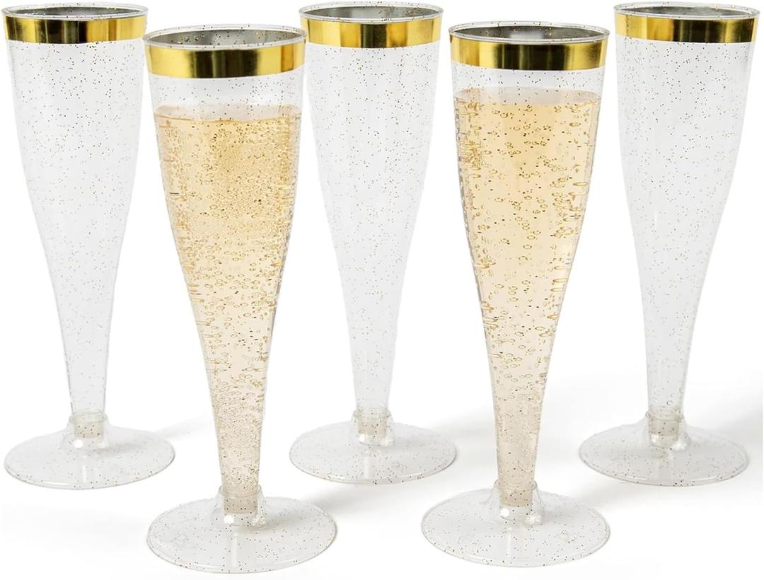 Prestee 48 Disposable Plastic Champagne Flutes With Gold Rim Glitter - Clear Toasting Glasses for Mimosa, New Years Eve Party, and Elegant Celebrations - Premium Quality Disposable Stemware