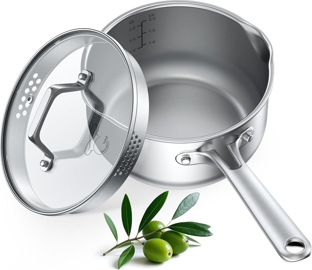 PekGema Stainless Steel Saucepan 2.5 Quart with Glass Strainer Lid, Tri-Ply Construction, Dual Pour Spouts, Measurement Marks, Stay-Cool Handle, Dishwasher & Oven Safe, All Cooktops Compatible