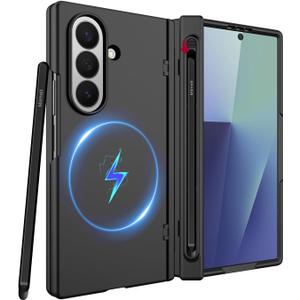 Miimall Magnetic for Samsung Galaxy Z Fold 7 Case with Pen, [Compatible with Magsafe][S Pen Holder & Hinge Protection & Screen Protector] Ultra Slim Thin Full Cover Phone Case for Z7 Fold7 5G Black