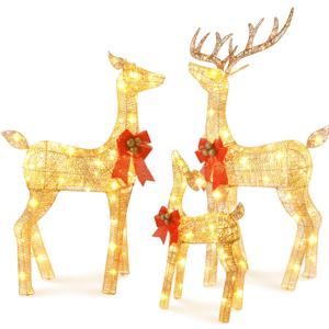 FUNNGO 3-Piece Large Lighted Christmas Deer Family Set with Bell Bow, Outdoor Reindeer Yard Decorations with 200 LED Lights, 10:1 Flickering Lights (Gold)