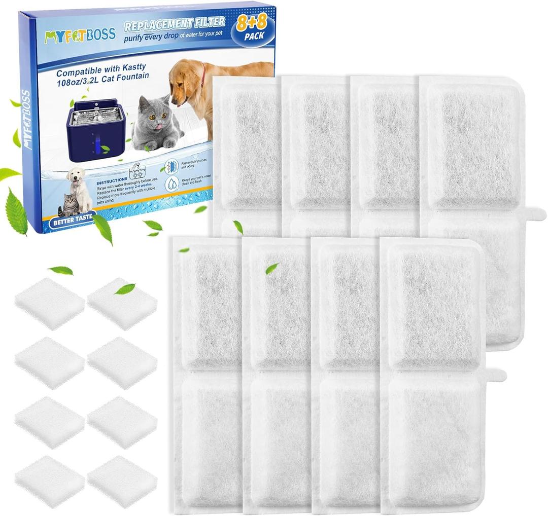 8+8 PACK Filters Compatible with Kastty Replacement Filters 108oz/3.2L, Compatible with Kastty Battery Operated Cat Water Fountain Filter & Pump Filter