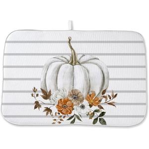 Fall Decor Dish Drying Mat for Kitchen Counter 18"x24", Stripes White Pumpkin Decorative Coffee Mat Dishes Drying Pad Absorbent Drainer Mat Kitchen Countertop Protector Easy Clean Fall Decor Dish Drying Mat for Kitchen Counter 18"x24", Stripes White Pumpkin Decorative Coffee Mat Dishes Drying Pad Absorbent Drainer Mat Kitchen Countertop Protector Easy Clean
