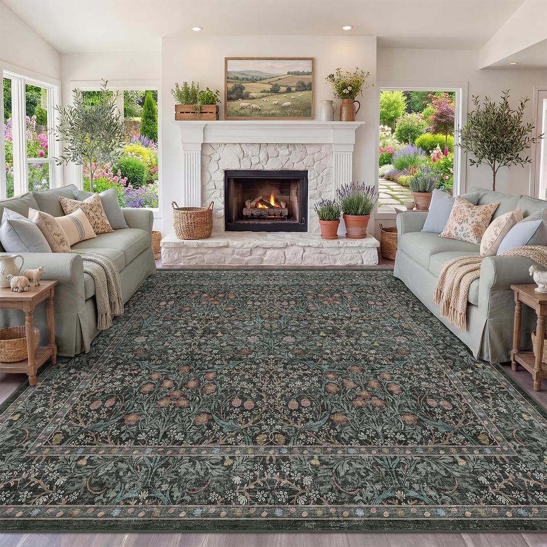 Vintage Square Rug 10x10 for Living Room, Dining Room, Dark Green Washable Large Area Rugs for Bedroom, Floral Big Non Slip Soft Carpet Dcor, Low Pile Stain Resistant