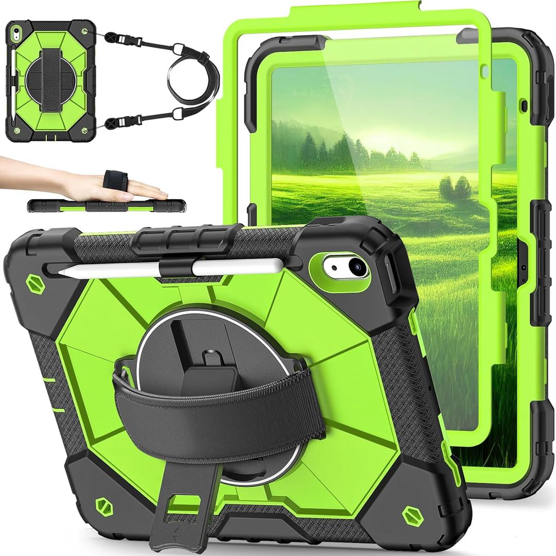 Nitupai Case for iPad 10th Generation 10.9 Inch 2022 / iPad A16 Case 11 Inch 2025 with Screen Protector 10th Gen Cover for Kids Pencil Holder 360 Rotating Stand Shoulder Strap, Black Yellow Green