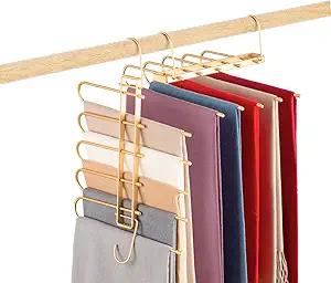 Pants Hangers Space Saving,Closet Hangers 5 Layers 2 Uses Multi Functional Pants Rack,Metal Heavy Duty Wardrobe Organizer Racks for Clothes Trousers Scarves Ties (Silver)