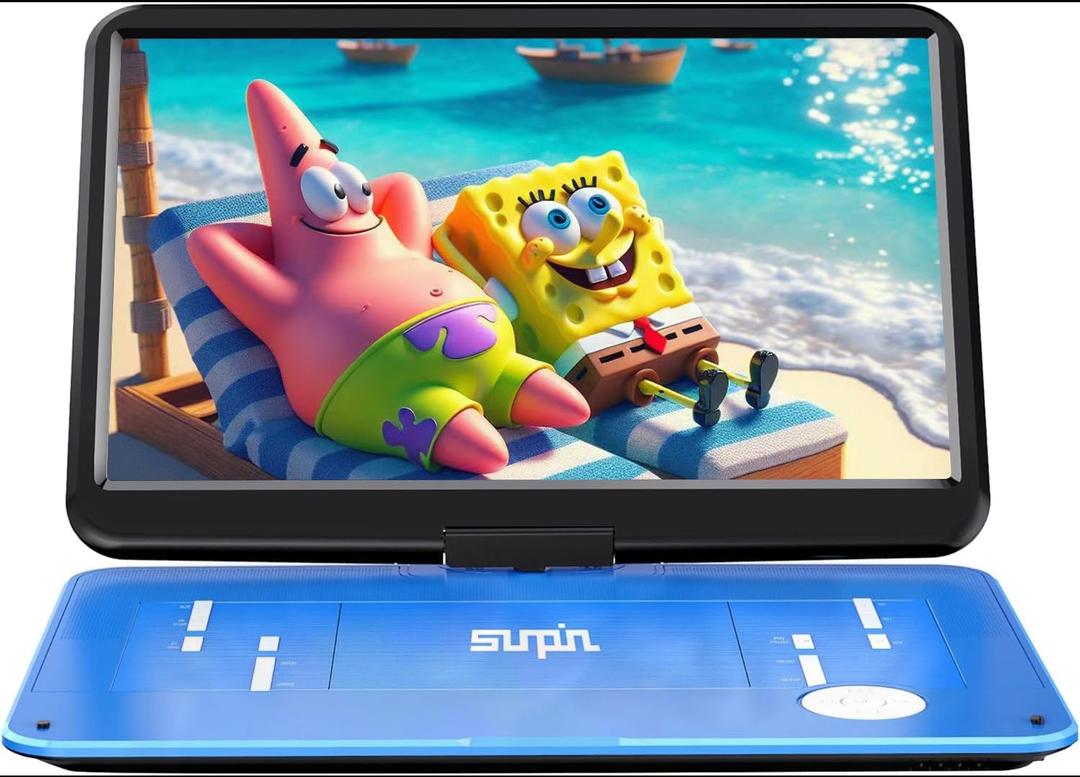 SUNPIN 17.9" Portable DVD Player with 15.6 inch Large HD Swivel Screen, Long Lasting Rechargeable Battery, Support USB/SD Card/AV in&Out and Multiple Disc Formats, Louder Stereo Speaker, Blue