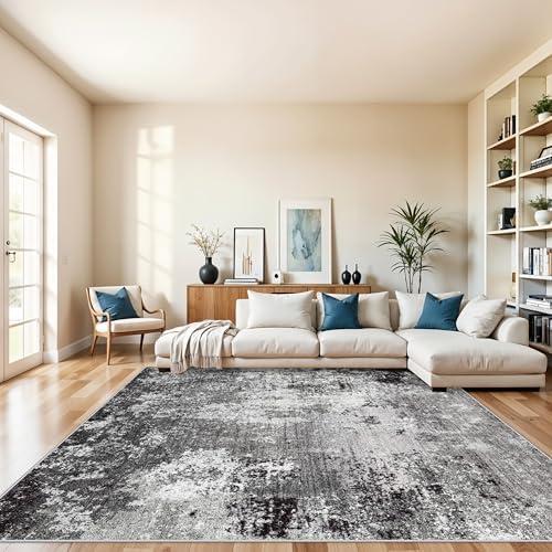 10x10 ft Square Living Room Rug – Washable Modern Abstract Area Rug for Bedroom, Dining Room, Playroom – Neutral Non-Slip Low-Pile Thin Indoor Carpet (Black Grey,10x10)
