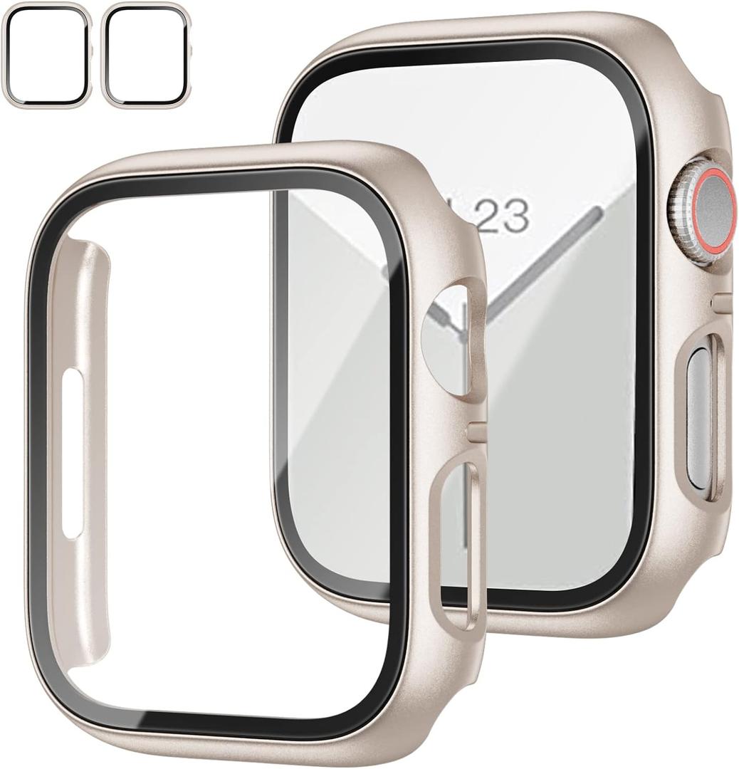 2 Pack Case with Tempered Glass Screen Protector for Apple Watch Series 9/8/7 41mm,JZK Slim Guard Bumper Full Coverage Hard PC Protective Cover Thin Case for iWatch 41mm Accessories,Starlight