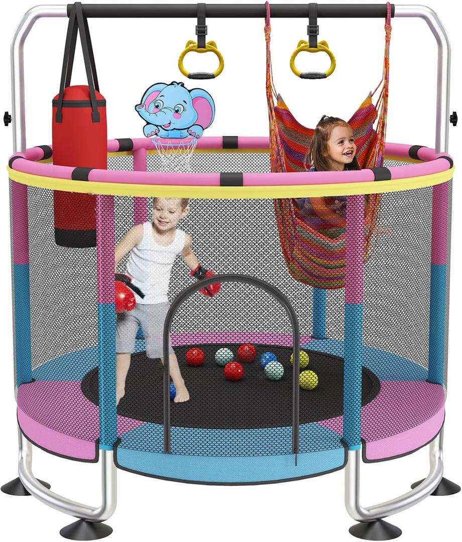Trampoline for Kids, 60" Toddler Trampoline Indoor Outdoor, 440lbs KidsTrampoline with Enclosure Net, Upgraded Ring Legs with Adjustable Gymnastics Bar, Gifts for Ages 1-8 Boys&Girls (Round, blue-pink)