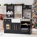 ROBOTIME Wooden Play Kitchen for Kids, Toddler Kitchen Playset with Ice Maker and Coffee Machine, Realistic Kids Play Kitchen Toy Gift for Girls & Boys Ages 3+ Black