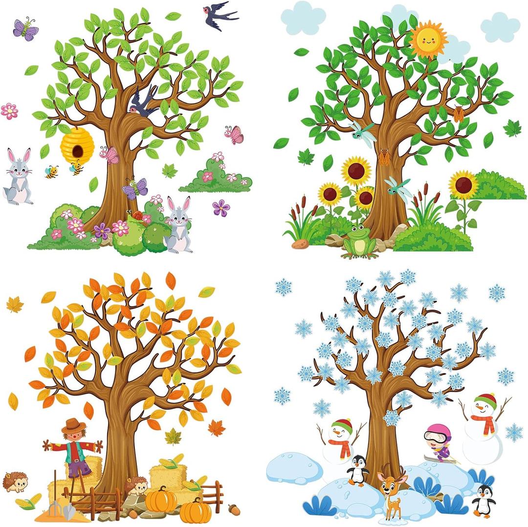 Teling 239 Pcs Season Tree Classroom Bulletin Board Decor Spring Summer Autumn Winter Cutouts Border Set Four Seasons Bulletin Board Decorations with 200 Dots for Elementary School Home Chalkboard