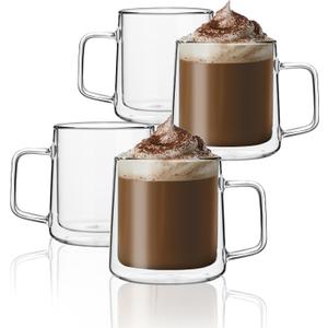 CNGLASS 12oz Glass Coffee Mugs,Double Wall Insulated Glass Cups with Handle,Clear Espresso Mugs for Latte,Cappuccino,Tea Bag,Set of 4