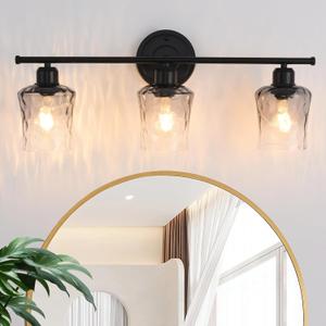 3-Light Bathroom Light Fixtures Black Vanity Light with Grey Glass Shade