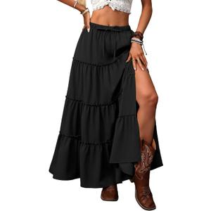 ELLEVEN Women's Summer Slit Tiered Maxi Skirt - Boho A-Line Elastic Waist Long Skirts with Pockets (Black, XL)