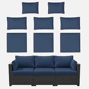 Kimunuk 8p Outdoor Cushion Slipcovers Outdoor Patio Cushions Covers Replacement Waterproof with Zipper for 3-Seat Outdoor Rattan Sofa Patio Furniture Cushion Covers Navy Blue, Covers Only