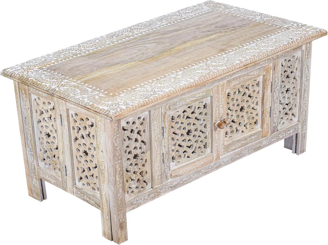 Hand-Carved Wooden Coffee Table – 36x18” Rectangular Mango Wood, Cafe Table 36x18"