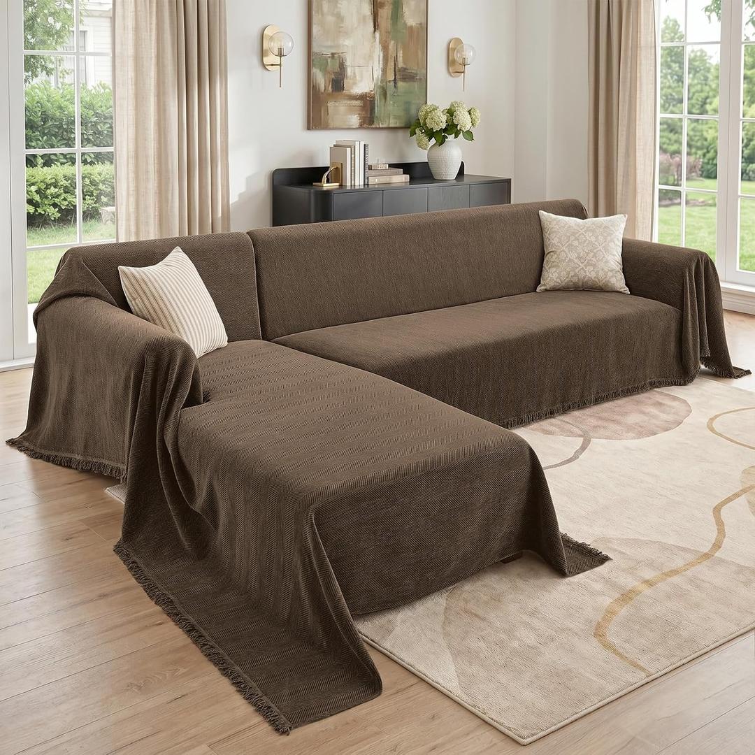 CAPALOCA Sectional Couch Covers 2 Pieces, Chenille L Shaped Couch Cover Blanket for Sectional Sofa with Herringbone Pattern Washable Sofa Slipcovers (XX-Large: 71" x 118" + 71" x 118", Coffee)