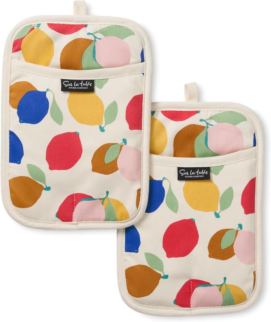 SUR LA TABLE Kitchen Essentials Lemon Zest Citrus Fruit Potholder 2-Pack Set, Heat Resistant, 100% Cotton, Flexible Non-Slip Silicone Grip,Yellow/Blue/Ivory, 7"x10"