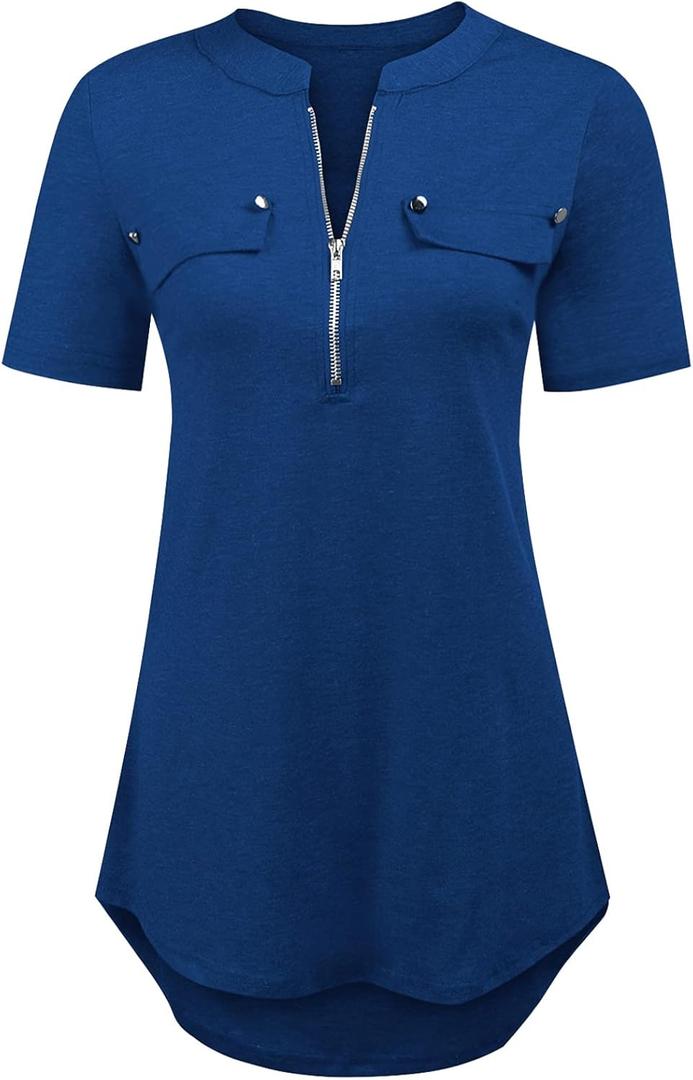 LuckyMore Women's Short Sleeve Zip Flowy Tunic Tops Business Casual Work Office Blouses Shirts (M-3XL) (XX-Large, Navy)