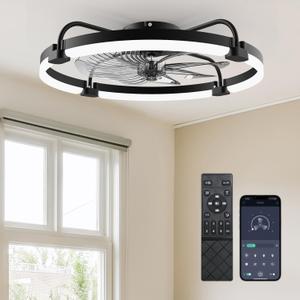 Ensenior 24 Inch Flush Mount Ceiling Fans with Lights, APP Control, Black
