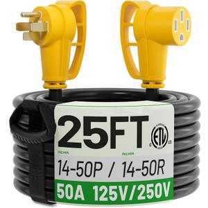 POWGRN NEMA 14-50P to NEMA 14-50R 25FT 50 Amp RV/EV Extension Cord Outdoor with Grip Handle, Flexible 4 Prong Heavy Duty RV Power Cord Waterproof, 50A 125/250V 6250/12500W STW, ETL Listed